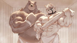 2boys abs absurdres angry animal_ears bara bear_boy bear_ears ben_bigger biceps brown_fur claws clenched_hand closed_mouth dog_nose eyepatch furry furry_male guoguo highres holding holding_towel looking_at_viewer male_focus multiple_boys muscular muscular_male navel nipples one_eye_covered pectorals sauna scar scar_across_eye sweatdrop topless_male towel towel_around_waist von_lycaon white_fur wolf_boy wolf_ears zenless_zone_zero