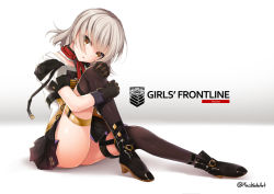 Rule 34 | 1girl, :o, black footwear, black gloves, black skirt, black thighhighs, brown eyes, character name, copyright name, female focus, full body, girls&#039; frontline, gloves, gradient background, grey background, head tilt, hugging own legs, knee up, long hair, macchiato (jae-min cho), no panties, parted lips, puffy short sleeves, puffy sleeves, red neckwear, shirt, shoes, short sleeves, silver hair, sitting, skirt, solo, thigh strap, thighhighs, thighs, twitter username, upskirt, vector (girls&#039; frontline), white shirt