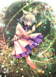Rule 34 | 1girl, blonde hair, bow, dress, earmuffs, headphones, jewelry, looking at viewer, lots of jewelry, pointy hair, purple bow, sandals, sash, sheath, sheathed, short hair, sleeveless, smile, socks, solo, sword, takatsukasa yue, touhou, toyosatomimi no miko, weapon, yellow eyes
