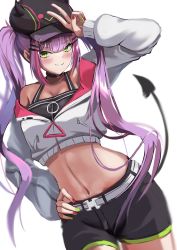 Rule 34 | 1girl, absurdres, arm up, bare shoulders, baseball cap, black hat, black shorts, blush, commentary request, cowboy shot, crop top, cropped jacket, fooming, green eyes, green nails, hat, highres, hololive, jacket, long hair, looking at viewer, midriff, nail polish, navel, off shoulder, purple hair, red nails, short shorts, shorts, simple background, smile, solo, standing, stomach, tail, tokoyami towa, twintails, v, very long hair, virtual youtuber, white background, white jacket