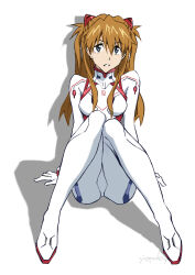 Rule 34 | 1girl, bodysuit, breasts, brown hair, evangelion: 3.0+1.0 thrice upon a time, full body, hair between eyes, hair ornament, highres, legs together, long hair, looking at viewer, medium breasts, neon genesis evangelion, pilot suit, plugsuit, rebuild of evangelion, simple background, sitting, skin tight, solo, souryuu asuka langley, twintails, two side up, very long hair, white background, white bodysuit, wide hips, yippeekiy