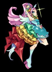 Rule 34 | 10s, 1girl, armpits, arms behind head, black background, blue dress, boots, closed mouth, cure parfait, dress, elbow gloves, food-themed hair ornament, full body, gloves, green eyes, hair ornament, kirahoshi ciel, kirakira precure a la mode, knee boots, long hair, looking at viewer, magical girl, one eye closed, pink hair, ponytail, precure, rainbow order, senmu (0107), simple background, smile, solo, standing, standing on one leg, tail, white footwear, white gloves, white wings, wings