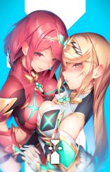Rule 34 | 2girls, armor, bare shoulders, blonde hair, blue background, blush, breast press, breasts, cleavage, dress, earrings, fingerless gloves, gem, gloves, hair ornament, head tilt, headpiece, highres, holding hands, jewelry, large breasts, long hair, looking at viewer, multiple girls, mythra (xenoblade), neon trim, nintendo, open mouth, peridot (gemstone), pyra (xenoblade), red eyes, red hair, ryuji (ikeriu), short hair, shorts, sidelocks, signature, simple background, smile, swept bangs, symmetrical docking, tiara, very long hair, xenoblade chronicles (series), xenoblade chronicles 2, yellow eyes