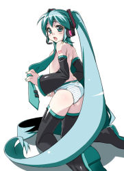 Rule 34 | 1girl, aqua necktie, ass, back, black thighhighs, blue eyes, blue hair, boots, detached sleeves, flat chest, green eyes, green hair, hatsune miku, headphones, kneeling, long hair, looking back, matching hair/eyes, necktie, nipples, no pants, panties, solo, striped clothes, striped panties, tattoo, thigh boots, thighhighs, topless, twintails, underwear, very long hair, vocaloid, yoshihara maito, zettai ryouiki