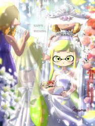 Rule 34 | 2girls, artist name, blunt bangs, blurry, blurry foreground, bridal veil, bride, commentary, depth of field, dress, earrings, english text, flower, grin, hair flower, hair ornament, halterneck, highres, holding, holding photo, inkling, inkling girl, inkling player character, jewelry, light blush, long dress, long hair, looking at viewer, mask, mirror, mokokoiro, multiple girls, necklace, nintendo, octoling, octoling player character, orange hair, parted lips, petals, photo (object), pointy ears, purple dress, red ribbon, ribbon, short hair, signature, sitting, smile, sparkle, splatoon (series), standing, strapless, strapless dress, tan, tentacle hair, tiara, veil, wedding dress, white dress, white flower
