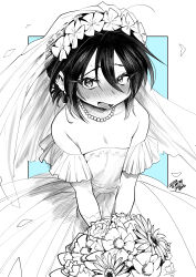 Rule 34 | 1girl, 2022, absurdres, bare shoulders, bead necklace, beads, blush, bouquet, bridal veil, bride, commentary request, do chokkyuu kareshi x kanojo, dress, earrings, flat chest, flower, fujita (umeeda fuji), greyscale, greyscale with colored background, hair flower, hair ornament, highres, holding, holding bouquet, jewelry, long hair, monochrome, necklace, off-shoulder dress, off shoulder, petals, signature, solo, sweat, upper body, veil, wakamiya riko, wedding dress