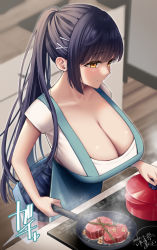 Rule 34 | 1girl, apron, bare arms, black hair, blurry, blush, breasts, cleavage, closed mouth, cooking, depth of field, food, frying pan, green apron, hair ornament, hairclip, highres, indoors, large breasts, long hair, original, ponytail, pot, short sleeves, smile, solo, steak, stove, wooden floor, yellow eyes, yuzuri ai