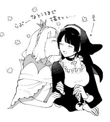 Rule 34 | 2girls, blush, closed eyes, commentary request, couple, cross, cross necklace, dress, flower, greyscale, habit, hands on another&#039;s arm, holding another&#039;s arm, jewelry, kamejiro (sasakame), kiss, kissing cheek, long hair, long sleeves, medium hair, monochrome, multiple girls, natalia (the princess of sylph), necklace, open mouth, sara (the princess of sylph), smile, the princess of sylph, tiara, translation request, upper body, yuri
