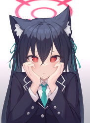 Rule 34 | 1girl, animal ear fluff, animal ears, black hair, black jacket, blue archive, cat ears, closed mouth, collared shirt, commentary, crossed arms, fuka kurotsuji, green necktie, green ribbon, hair between eyes, hair ribbon, halo, hands on own cheeks, hands on own face, highres, jacket, long bangs, long sleeves, looking at viewer, necktie, red eyes, red halo, ribbon, school uniform, serika (blue archive), shirt, simple background, slit pupils, solo, straight-on, upper body, white background, white shirt
