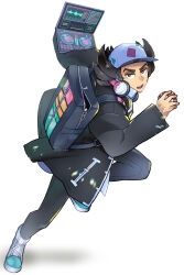 Rule 34 | 1boy, backpack, bag, baseball cap, black bag, black eyes, black hair, black jacket, black pants, boots, bright pupils, commentary request, computer, creatures (company), full body, game freak, giacomo (pokemon), hands up, hat, headphones, highres, holding, holding laptop, holding poke ball, jacket, laptop, leg up, long sleeves, looking at viewer, male focus, nintendo, nyoripoke, open mouth, pants, pointy hair, poke ball, pokemon, pokemon sv, solo, standing, standing on one leg, team star, teeth, timer ball, twitter username, watermark, white pupils, zipper, zipper pull tab
