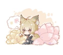 1boy 2girls animal_ear_fluff animal_ears arknights asukazeroo blonde_hair brown_eyes chibi chibi_only chinese_commentary closed_mouth commentary_request family fox_ears fox_girl fox_tail highres kitsune kyuubi multiple_girls multiple_tails pink_hair smile suzuran&#039;s_father_(arknights) suzuran_(arknights) tail vulpisfoglia_(arknights)