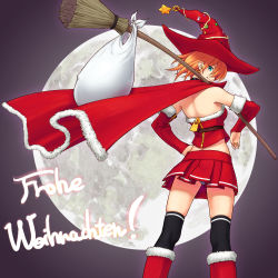 Rule 34 | 1girl, akashingo (rotampel), back, bad id, bad pixiv id, blue eyes, boots, broom, cape, christmas, detached sleeves, full moon, hat, highres, looking back, moon, orange hair, original, panties, short hair, solo, thighhighs, underwear, witch, witch hat, zettai ryouiki, zipper