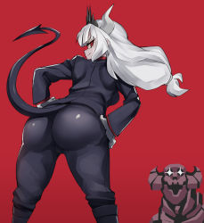 Rule 34 | 1girl, ass, ass focus, black suit, breasts, demon girl, demon horns, demon tail, formal, from behind, hands on own hips, helltaker, highres, horns, huge ass, jacket, legs apart, long hair, looking at viewer, looking back, lucifer (helltaker), mole, mole under eye, naughty face, nuezou, pants, red background, red eyes, shiny clothes, sideboob, simple background, skin tight, smile, suit, suit jacket, tail, white hair