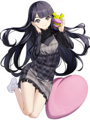 Rule 34 | 1girl, black hair, black shirt, blunt bangs, bobby socks, closed mouth, commentary request, copyright request, dress, frilled sleeves, frills, full body, grey dress, grey eyes, hands up, heart, highres, holding, long hair, long sleeves, no shoes, plaid, plaid skirt, ririko (zhuoyandesailaer), shirt, simple background, skirt, smile, socks, solo, very long hair, white background, white socks