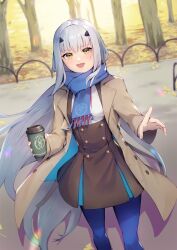 Rule 34 | 1girl, blue pantyhose, blue scarf, breasts, brown coat, brown dress, buttons, coat, coffee cup, contemporary, cup, disposable cup, double-breasted, dress, melusine (fate), fate/grand order, fate (series), forked eyebrows, highres, long hair, long sleeves, looking at viewer, nakaga eri, open clothes, open coat, open mouth, pantyhose, scarf, sidelocks, small breasts, smile, solo, thighs, white hair, yellow eyes