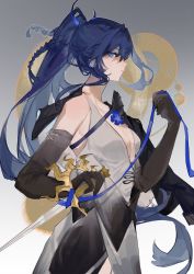 Rule 34 | 1girl, absurdres, alternate costume, arknights, astesia (arknights), black gloves, blue eyes, blue hair, braid, breasts, bright pupils, center opening, dress, elbow gloves, gloves, grey background, grey dress, hair between eyes, highres, inkam, long hair, looking at viewer, medium breasts, ponytail, profile, sideways glance, simple background, sleeveless, sleeveless dress, solo, upper body, white pupils