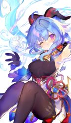 Rule 34 | 1girl, absurdres, ahoge, atsumi jun, bare shoulders, bell, blue gloves, blue hair, blush, breasts, brown pantyhose, chinese knot, detached sleeves, floating, flower knot, ganyu (genshin impact), genshin impact, gloves, gold trim, highres, horns, long hair, looking at viewer, medium breasts, neck bell, one eye closed, orb, pantyhose, purple eyes, qilin (mythology), sidelocks, solo, tassel, thighlet, vision (genshin impact), white sleeves