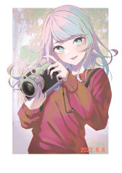 Rule 34 | 1girl, absurdres, blue eyes, camera, camera around neck, hands up, highres, holding, holding camera, long hair, long sleeves, looking at viewer, mumei (mumei 7743), original, outdoors, parted lips, red sweater, smile, solo, sweater, teeth, timestamp, tree, upper teeth only, white hair