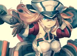 Rule 34 | 10s, 1girl, alternate color, bismarck (kancolle), blonde hair, blue eyes, elbow gloves, female focus, gloves, hand on headwear, hat, highres, kantai collection, long hair, open mouth, ranf, solo, uniform, weapon