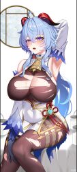 Rule 34 | 1girl, absurdres, ahoge, arm up, armpits, bare shoulders, bell, black gloves, black pantyhose, blue hair, bodystocking, breasts, chinese knot, cleavage, commentary request, detached sleeves, feet out of frame, feifu, flower knot, ganyu (genshin impact), genshin impact, gloves, gold trim, high-waist skirt, highres, horns, large breasts, long hair, looking at viewer, neck bell, open mouth, pantyhose, purple eyes, sitting, skirt, solo, tassel, thighlet, thighs, torn clothes, very long hair, vision (genshin impact), white background, white skirt