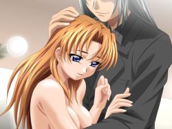 Rule 34 | 1boy, 1girl, black hair, blonde hair, blue eyes, breasts, clothed male nude female, fang, formal, game cg, hand on another&#039;s head, happy, hetero, hug, kagemichi, large breasts, long hair, meshimase idol, nipples, nude, orange hair, rindou aya (meshimase idol), smile, suit, topless, upper body