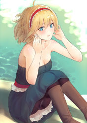 Rule 34 | 1girl, ahoge, air pods, airpods, alice margatroid, alternate costume, bare shoulders, black pantyhose, blonde hair, blue dress, blue eyes, boots, breasts, brown footwear, commentary request, culter, dress, hairband, highres, knees up, looking at viewer, medium breasts, open mouth, panties, pantyhose, pantyshot, shiny skin, sitting, solo, strapless, strapless dress, touhou, underwear, white panties, wireless earphones