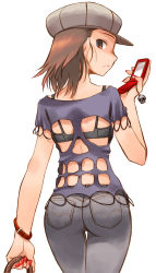 Rule 34 | 1girl, ass, back, bad id, bad pixiv id, bag, blue eyes, bra, bracelet, brown hair, cabbie hat, cellphone, denim, fashion, handbag, hat, highres, holes in clothes, jeans, jewelry, lingerie, looking back, mole, mole under mouth, nail polish, nakamura tetsuya, pants, phone, red nails, short hair, skull, solo, underwear
