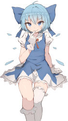 Rule 34 | 1girl, ahoge, asymmetrical legwear, blue bow, blue dress, blue eyes, blue hair, bow, cirno, dress, finger to mouth, gloves, hair bow, highres, ice, ice wings, kneehighs, looking at viewer, mismatched legwear, shone, short dress, short hair, simple background, single kneehigh, single sock, sitting, socks, solo, thighhighs, touhou, uneven legwear, v-shaped eyebrows, white background, white gloves, white socks, wings