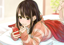 Rule 34 | 1girl, absurdres, barefoot, bed, black eyes, black hair, blanket, blurry, blurry background, blush, cellphone, closed mouth, dated, hair between eyes, highres, hood, hood down, hoodie, indoors, jacket, legs up, long sleeves, lying, on bed, on stomach, original, phone, pillow, sako (35s 00), shirt, signature, smile, solo, striped clothes, striped jacket, white shirt