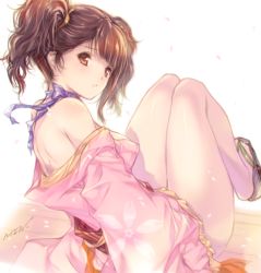 Rule 34 | 10s, 1girl, :o, artist name, bare legs, bare shoulders, blunt bangs, breasts, brown eyes, brown hair, from behind, geta, hair tie, japanese clothes, kimono, koutetsujou no kabaneri, large breasts, legs up, long sleeves, looking back, min-naraken, mumei (kabaneri), no legwear, off shoulder, open mouth, parted lips, sash, shiny skin, short kimono, short twintails, simple background, sitting, solo, twintails, white background, wide sleeves