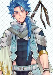 Rule 34 | 0343 u, 1boy, abs, absurdres, aged up, asymmetrical bangs, asymmetrical clothes, belt, blue hair, bodysuit, bodysuit under clothes, bracelet, braid, braided ponytail, capelet, closed mouth, clothing cutout, covered navel, cu chulainn (fate), earrings, fate/grand order, fate/grand order arcade, fate (series), highres, jewelry, long hair, looking at viewer, male focus, muscular, ponytail, popped collar, red eyes, setanta (fate), single braid, skin tight, slit pupils, smile, solo, spiked hair, thigh cutout