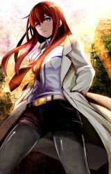 1girl anpei anpei_kaneshiro bad_id bad_pixiv_id breasts brown_hair female_focus highres jacket long_hair makise_kurisu necktie pantyhose pantyhose_under_shorts red_necktie shorts solo steins;gate