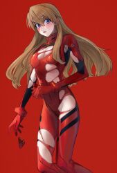 Rule 34 | 1girl, artist request, blue eyes, blush, bodysuit, breasts, brown hair, evangelion: 3.0+1.0 thrice upon a time, floating hair, grey background, hair down, hair ornament, highres, interface headset, lips, long hair, looking at viewer, medium breasts, neon genesis evangelion, plugsuit, rebuild of evangelion, red background, red bodysuit, shiny clothes, simple background, skin tight, solo, souryuu asuka langley, standing, torn bodysuit, torn clothes, very long hair