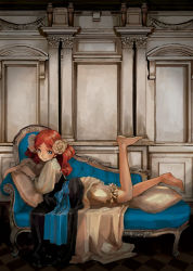 Rule 34 | 1girl, architecture, barefoot, bloomers, blue upholstery, bow, chaise longue, child, couch, dress, feet, hair ornament, layered clothes, legs, long hair, looking at viewer, lying, muted color, on stomach, orange hair, pantaloons, pillow, red hair, ringlets, room, roomscape, solo, tufted upholstery, underwear, victorian