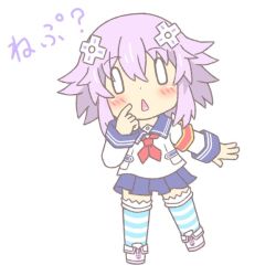 Rule 34 | 1girl, breasts, collar, d-pad, d-pad hair ornament, flat chest, hair ornament, hairclip, leggings, meruku tea, neptune (neptunia), neptune (series), open mouth, purple hair, ribbon, shirt, shoes, short hair, simple background, skirt, small breasts, striped clothes, striped thighhighs, surprised, thighhighs, thighs, white background