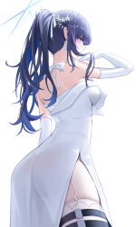 Rule 34 | 1girl, ass, black hair, blue archive, blue eyes, blue hair, blue halo, commentary request, dress, elbow gloves, from behind, gloves, hair ornament, halo, hand up, highres, holster, melt (melt out1), official alternate costume, official alternate hairstyle, ponytail, saori (blue archive), saori (dress) (blue archive), side slit, sideways glance, simple background, solo, strapless, strapless dress, thigh holster, white background, white dress, white gloves