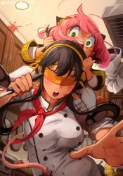 Rule 34 | 2girls, ahoge, anya (spy x family), black dress, black footwear, black hair, blindfold, blood, blood splatter, blush, breasts, cabinet, chef, chef hat, child, commentary, dress, dutch angle, english commentary, flower, foreshortening, frying pan, furrowed brow, gold hairband, gold trim, grabbing another&#039;s hair, green eyes, hair between eyes, hair flower, hair ornament, hairband, hat, highres, holding, holding knife, indoors, khyle., kitchen, knife, large breasts, looking at another, mary janes, medium hair, mouse (animal), multiple girls, nail polish, neckerchief, open mouth, parody, patreon username, pink hair, plate, ratatouille, red nails, red neckerchief, round teeth, shoes, short hair, short hair with long locks, sidelocks, sleeves past elbows, spy x family, stove, teeth, tomato, upper body, upper teeth only, white legwear, yellow hairband, yor briar