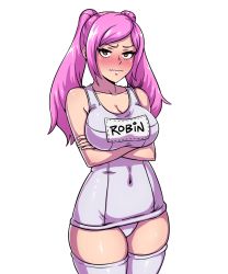 Rule 34 | 1girl, akairiot, alternate hair color, blush, breasts, brown eyes, cleavage, covered navel, crossed arms, embarrassed, fire emblem, fire emblem awakening, large breasts, long hair, looking at viewer, name tag, nintendo, one-piece swimsuit, pink hair, robin (female) (fire emblem), robin (fire emblem), school swimsuit, solo, super smash bros., swimsuit, thighhighs, transparent background, twintails, wavy mouth, white one-piece swimsuit, white school swimsuit, white thighhighs