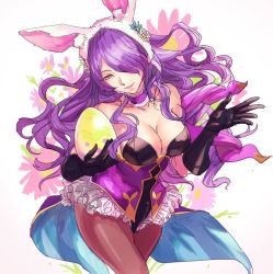 Rule 34 | animal ears, bare shoulders, black leotard, breasts, camilla (fire emblem), camilla (spring) (fire emblem), cleavage, covered navel, detached collar, fake animal ears, fire emblem, fire emblem fates, fire emblem heroes, hair over one eye, hashiko (neleven), large breasts, leotard, lips, long hair, nintendo, pantyhose, playboy bunny, purple eyes, purple hair, rabbit ears, rabbit tail, solo, strapless, strapless leotard, tail, very long hair, wavy hair, wrist cuffs