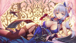 Rule 34 | 1girl, :d, arm support, artist name, azur lane, backlighting, bare shoulders, black gloves, black thighhighs, blue dress, blue eyes, blue flower, blue rose, blunt bangs, blush, breasts, brown thighhighs, cleavage, criss-cross halter, curtains, dated, dress, evening, feet out of frame, flight deck, flower, garter belt, gem, glint, gloves, gold trim, gradient sky, hair flower, hair ornament, hair rings, halterneck, highres, holding, holding own hair, illustrious (azur lane), illustrious (never-ending tea party) (azur lane), large breasts, long hair, looking at viewer, lying, mole, mole under eye, motion blur, on side, open mouth, panties, pantyshot, pearl (gemstone), pelvic curtain, pointing, propeller, rose, side ponytail, sidelocks, silver hair, sky, smile, solo, sunlight, thighhighs, thighs, toy airplane, transparent, ttheyue, underwear, upskirt, very long hair, window