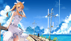 Rule 34 | 1girl, :d, :o, against fence, bare shoulders, blonde hair, blue eyes, blue sky, camisole, cloud, cloudy sky, day, dress, fence, flower, hair between eyes, hair ribbon, tucking hair, horizon, leaning, lens flare, liu guniang, long hair, looking at viewer, ocean, open mouth, original, outdoors, ponytail, railroad signal, railroad tracks, ribbon, sign, skirt, sky, smile, solo, spaghetti strap, standing, summer, sundress, utility pole, water, white ribbon, white skirt, wooden fence