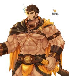 Rule 34 | 1boy, abs, bara, beard, belt, brown hair, cape, chain, chest harness, cross scar, facial hair, harness, heracles (housamo), large pectorals, long sideburns, looking at viewer, looking to the side, male focus, muscular, nipples, pectorals, scar, sideburns, simple background, smile, solo, thick eyebrows, thighs, tokyo houkago summoners, tora d, weapon