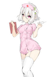 Rule 34 | 1girl, breasts, closed mouth, elf, feet out of frame, female focus, flower, garter straps, hair flower, hair ornament, hands up, hat, highres, holding, holding syringe, kokkoro (princess connect!), looking at viewer, nurse, nurse cap, pink eyes, pointy ears, princess connect!, red eyes, short hair, simple background, small breasts, smile, solo, standing, syringe, thighhighs, white background, white hair, white thighhighs, xin (zinc)