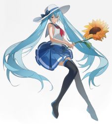 Rule 34 | 1girl, black thighhighs, blue bow, blue eyes, blue hair, blue skirt, bow, closed mouth, flower, full body, grey background, hat, hat bow, hatsune miku, highres, holding, holding flower, long hair, looking at viewer, neckerchief, red neckerchief, shirt, simple background, skirt, sleeveless, sleeveless shirt, solo, sunflower, thighhighs, twintails, vocaloid, white hat, white shirt, yukihira makoto