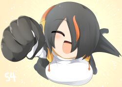 Rule 34 | 1girl, :d, black hair, black jacket, blush, breasts, clenched hand, closed eyes, commentary request, emperor penguin (kemono friends), fist pump, from above, hair between eyes, hair over one eye, headphones, jacket, kemono friends, large breasts, lets0020, long bangs, multicolored hair, numbered, one-piece swimsuit, open mouth, orange hair, short hair, simple background, smile, solo, sparkle, streaked hair, swimsuit, upper body, white one-piece swimsuit, yellow background