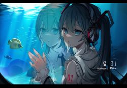 Rule 34 | 1girl, absurdres, against glass, aquarium, bare shoulders, bizet, black ribbon, blue eyes, blue hair, character name, dated, detached sleeves, fish, frilled sleeves, frills, hatsune miku, headphones, highres, huge filesize, letterboxed, light rays, long hair, long sleeves, looking to the side, neck ribbon, number tattoo, parted lips, reflection, ribbon, shirt, shoulder tattoo, solo, sunbeam, sunlight, tattoo, tropical fish, twintails, upper body, vocaloid, water, white shirt