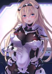 Rule 34 | 1girl, arm behind back, blonde hair, blue eyes, blush, bodysuit, breasts, covered navel, feet out of frame, girls&#039; frontline, gloves, hair ornament, hairband, hairclip, hand on own stomach, hanyang type 88 (girls&#039; frontline), hanyang type 88 (white comet bearer of wishes) (girls&#039; frontline), hanyang type 88 (white comet bearing your wishes) (girls&#039; frontline), highres, large breasts, lips, long hair, looking at viewer, lower teeth only, official alternate costume, open mouth, parted lips, simple background, solo, standing, sweat, teeth, white bodysuit, white gloves, xlscaler