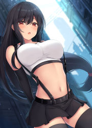 Rule 34 | 1girl, :o, arm warmers, arms behind back, bare shoulders, belt, black hair, black skirt, black thighhighs, breasts, commentary request, cowboy shot, crop top, curious, final fantasy, final fantasy vii, final fantasy vii remake, highres, large breasts, long hair, looking at viewer, low-tied long hair, midriff, miniskirt, mutsuba fumi, navel, open mouth, pleated skirt, red eyes, shirt, sidelocks, skirt, sleeveless, sleeveless shirt, solo, standing, stomach, suspender skirt, suspenders, thighhighs, tifa lockhart, very long hair, white shirt, zettai ryouiki