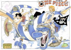 Rule 34 | 1girl, 2boys, black hair, black pants, boat, border, clenched teeth, cloud, copyright name, cover, cover page, dragon, flag, flying, goggles, grabbing, green hair, haramaki, hat, highres, island, jolly roger, monkey d. luffy, multiple boys, nami (one piece), ocean, oda eiichirou, official art, one piece, orange hair, outdoors, pants, piercing, pirate, red vest, riding, roronoa zoro, scar, scenery, sharp teeth, shirt, shorts, signature, smile, straw hat, striped clothes, striped shirt, teeth, treasure chest, unworn hat, unworn headwear, vest, watercraft, white shirt