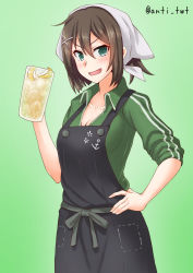 Rule 34 | 1girl, :d, anchor symbol, anti (untea9), apron, blush, breasts, brown hair, cleavage, cowboy shot, cup, food, fruit, green background, green eyes, green jacket, green track suit, hair ornament, hand on own hip, highres, holding, holding cup, jacket, kantai collection, lemon, looking at viewer, maya (kancolle), medium breasts, open mouth, short hair, simple background, smile, solo, track jacket, twitter username, x hair ornament